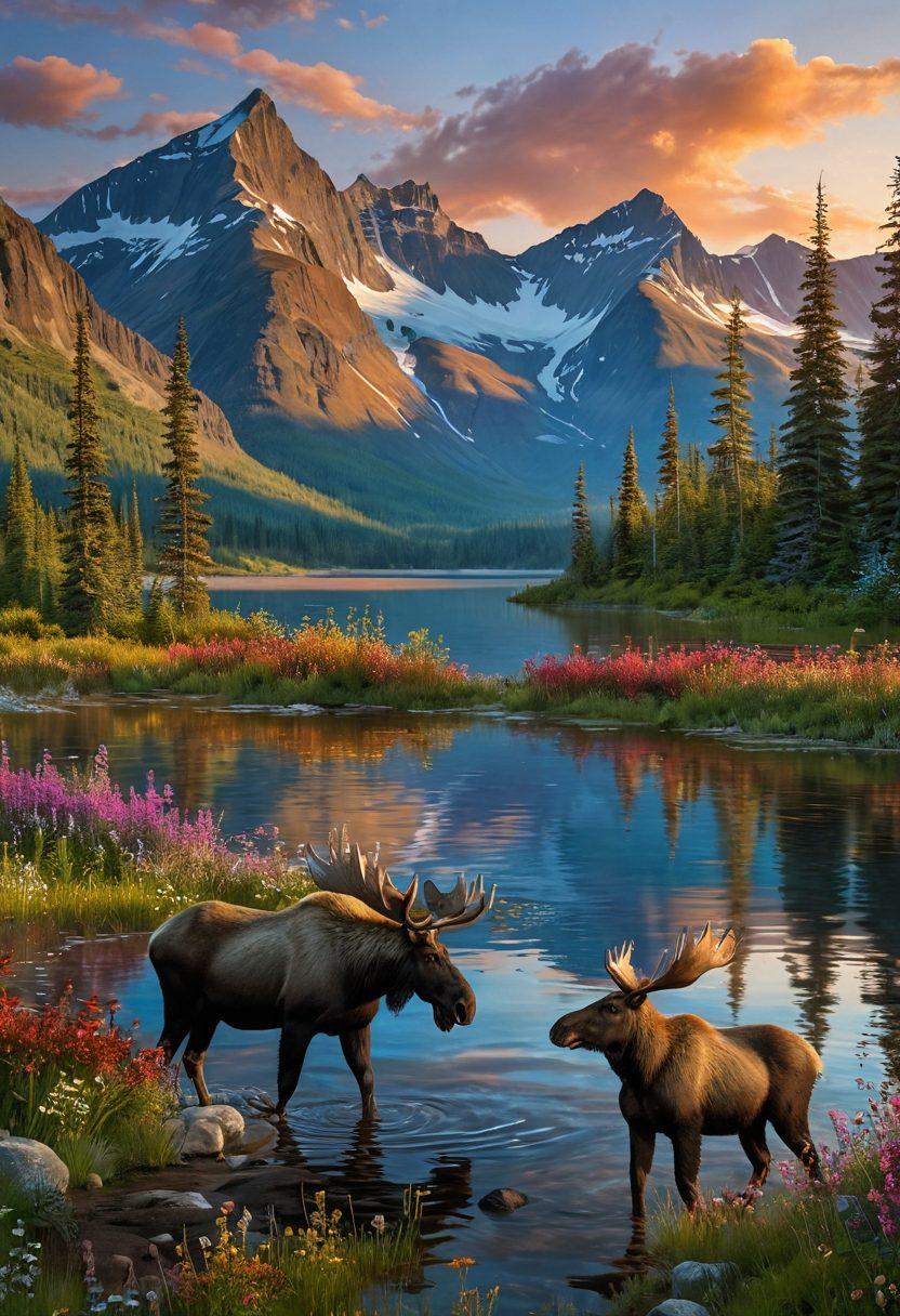 A breathtaking Alaskan landscape featuring a serene lake surrounded by majestic mountains, bathed in the warm light of a sunset. Include vibrant wildflowers in the foreground, a family enjoying the view, and playful wildlife like a moose or a bear. Capture the essence of happiness and tranquility in nature's embrace. super-realistic. vibrant colors. 3D.