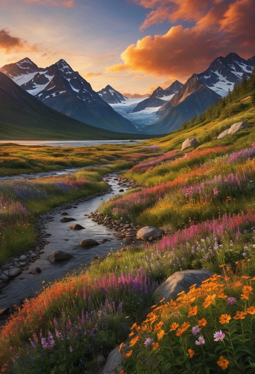 A breathtaking panoramic view of Alaska's majestic mountains, vibrant wildflowers in the foreground, and a stunning sunset casting golden hues over the landscape. Include a winding river reflecting the colorful sky and a few adventurous hikers exploring the terrain. The scene should evoke a sense of wonder and exploration. super-realistic. vibrant colors. 3D.