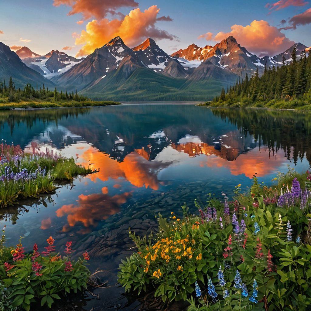 A breathtaking panoramic view of Alaska's majestic mountains during sunrise, with vibrant wildflowers in the foreground and a crystal-clear lake reflecting the sky. Include cheerful hikers enjoying the scenery, surrounded by playful wildlife like moose and eagles. The atmosphere should evoke a sense of joy and tranquility. super-realistic. vibrant colors. 3D.